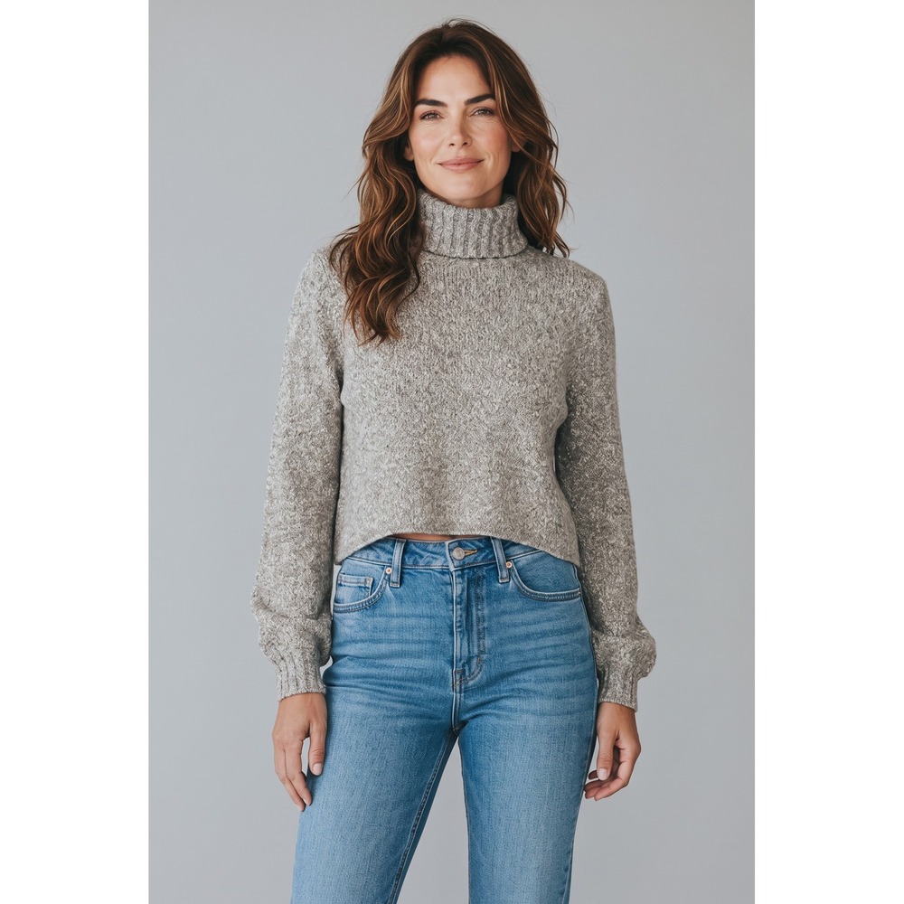 ASTARS Women Grey Boucle Knit Turtleneck Sweater Cropped Flared Sleeve Size M